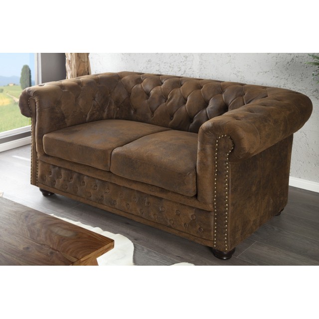 Canapé 2 places design chesterfield capitonné en simili cuir marron