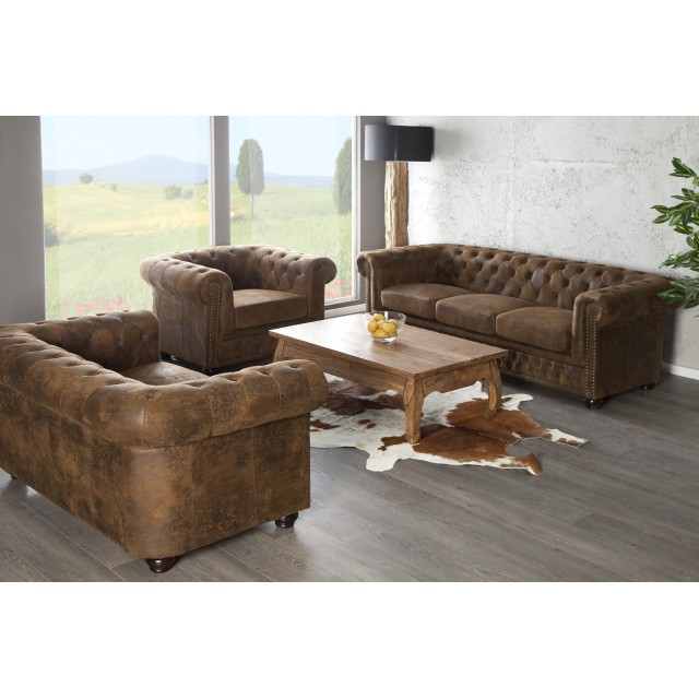 Canapé 2 places design chesterfield capitonné en simili cuir marron