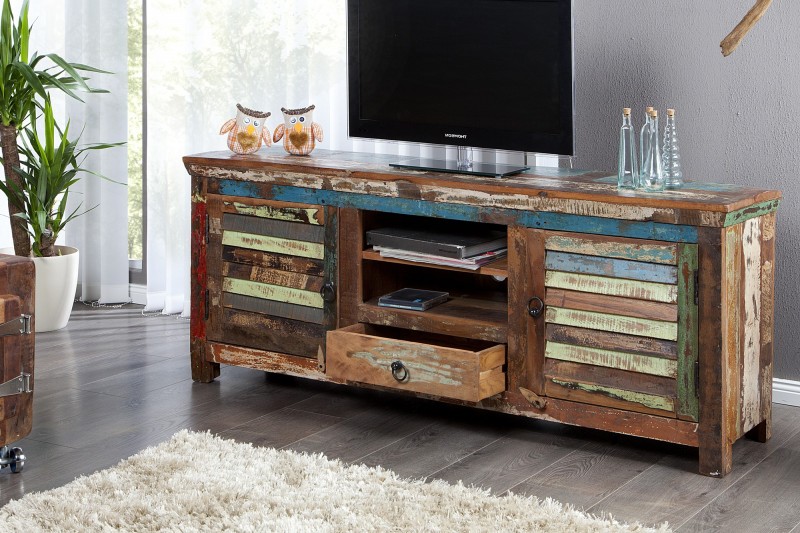 Meuble TV 150 cm design en bois recyclé multicouleur