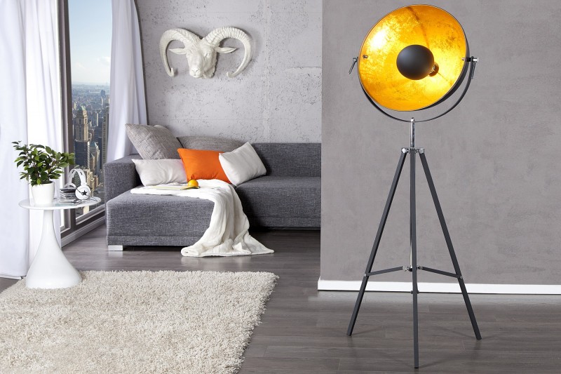 Lampadaire trépied 160 cm en acier inoxydable coloris noir et or