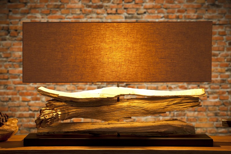 Lampe 53 cm en bois flotté et lin écrue