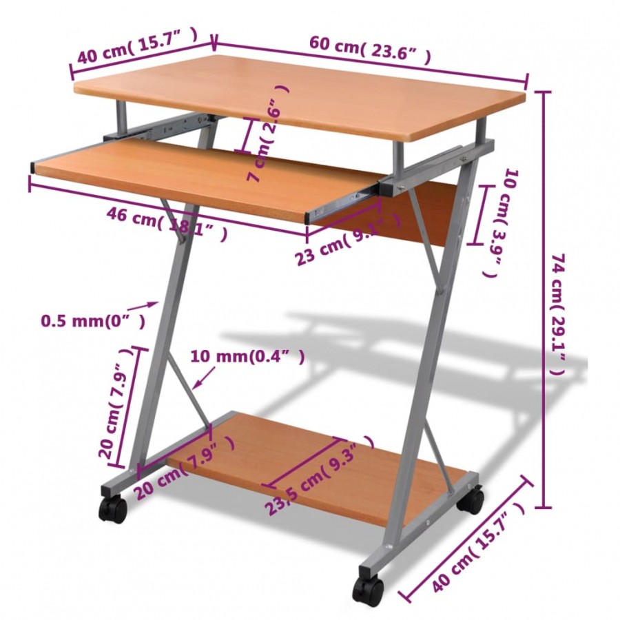 Bureau d'ordinateur avec plateau à clavier coulissant Marron