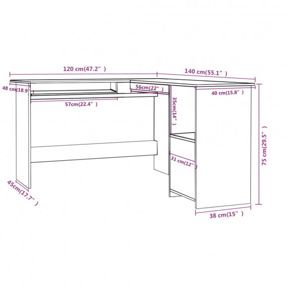 Bureau d'angle en forme de L Noir 120x140x75 cm Aggloméré
