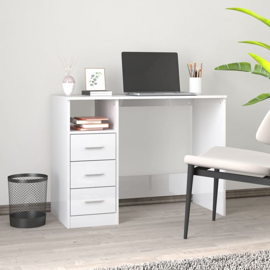Bureau et tiroirs Blanc brillant 102x50x76 cm 