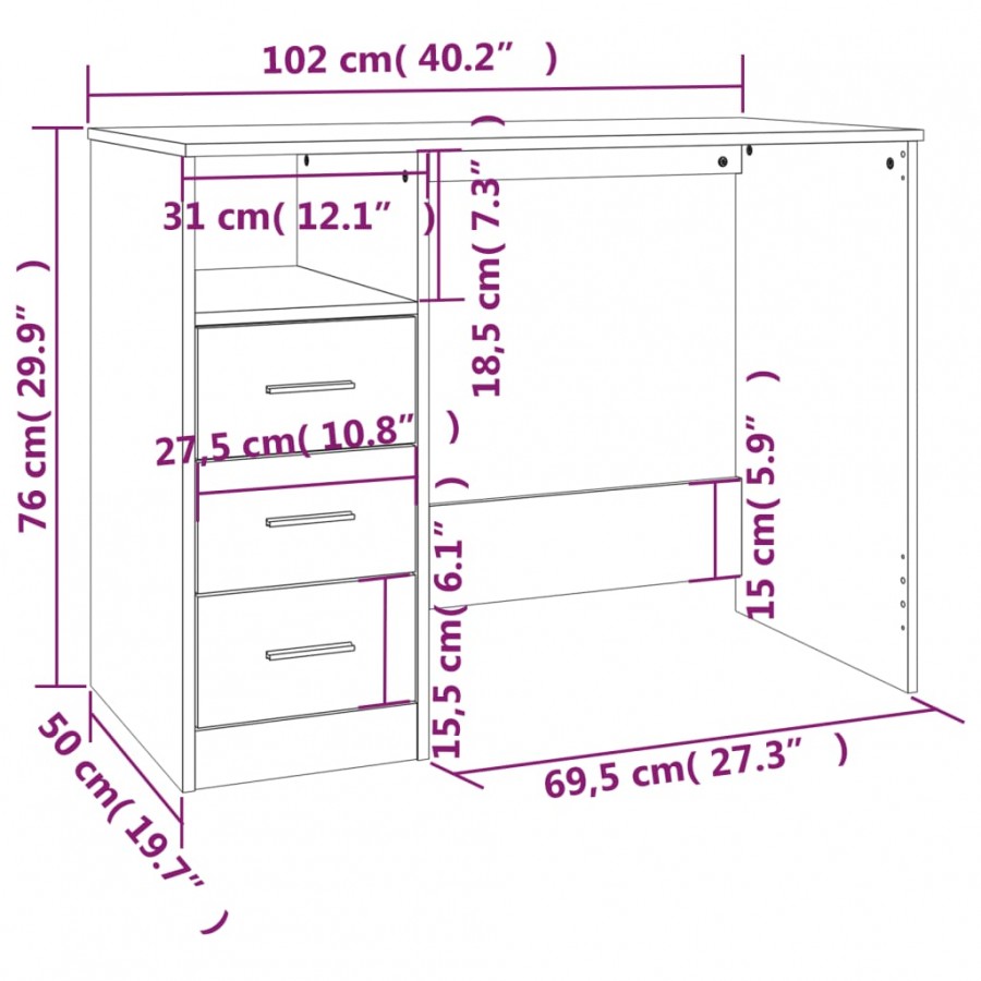 Bureau et tiroirs Blanc brillant 102x50x76 cm 