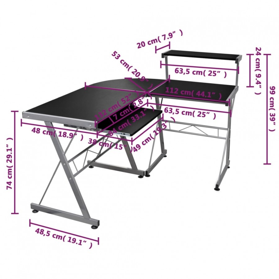 Bureau d'ordinateur d'angle Noir 132x112x99cm 