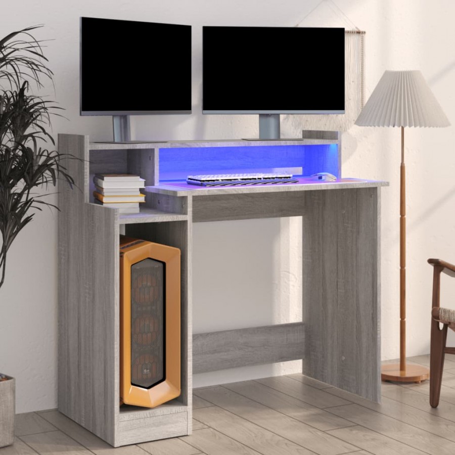 Bureau et lumières LED Sonoma gris 97x45x90cm 