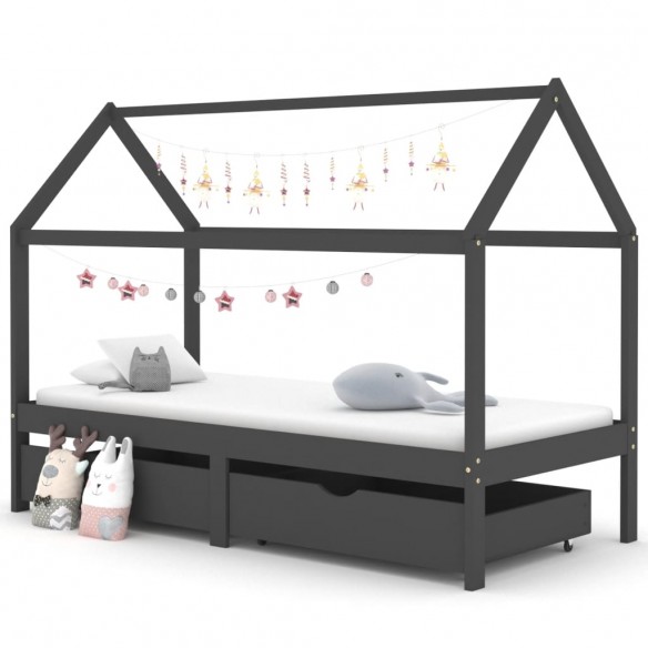 Lit d'enfant avec tiroirs Gris foncé Pin 90x200 cm