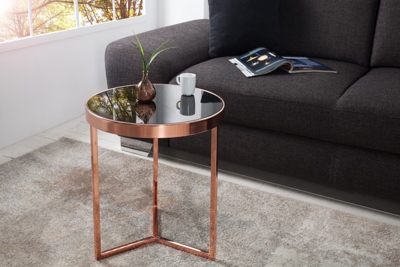 Table d'appoint design en verre noir / métal cuivré