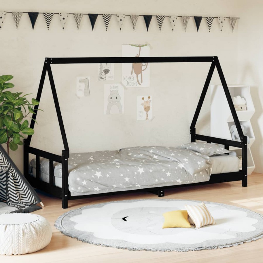 Lit pour enfants noir 90x200 cm bois de pin massif