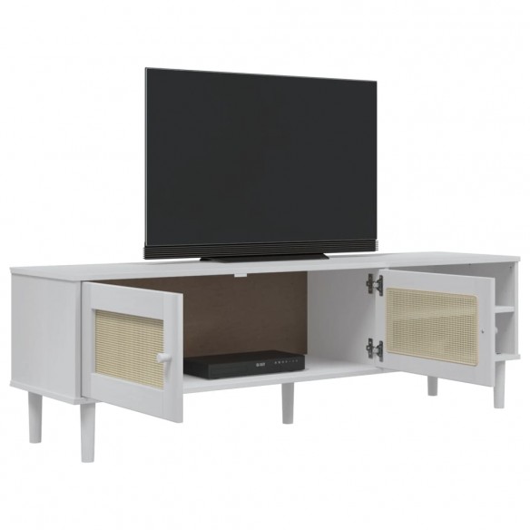 Meuble TV SENJA aspect rotin blanc 158x40x49cm bois massif pin