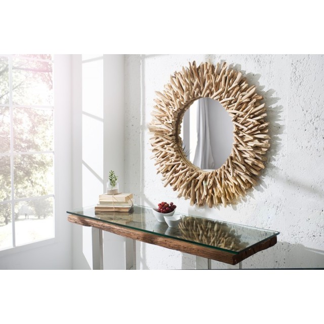Miroir mural 80 cm design soleil en bois flotté