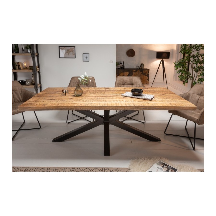 Table sale à manger 160 cm en bois massif et pied Mikado métal noir design