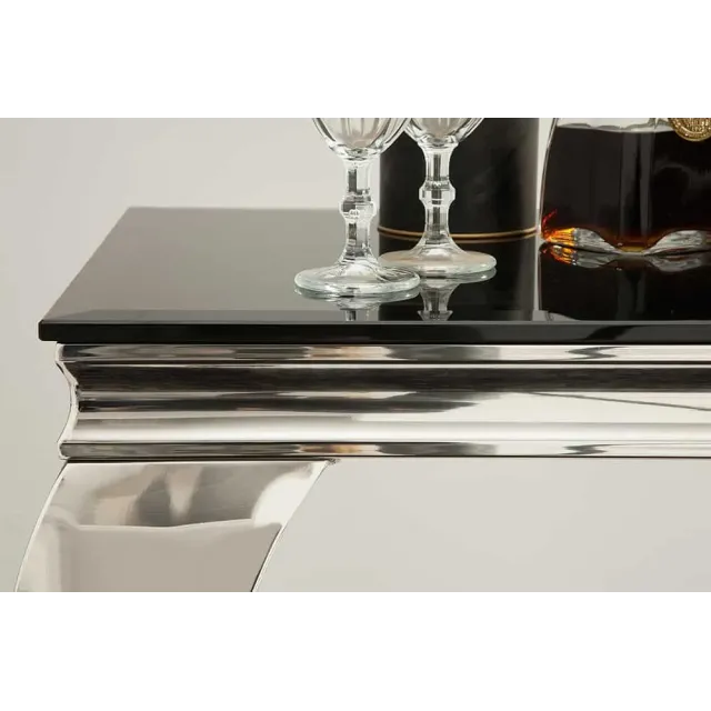 Console élégante MODERN BAROCK 145cm verre opale noir pieds en acier inoxydable
