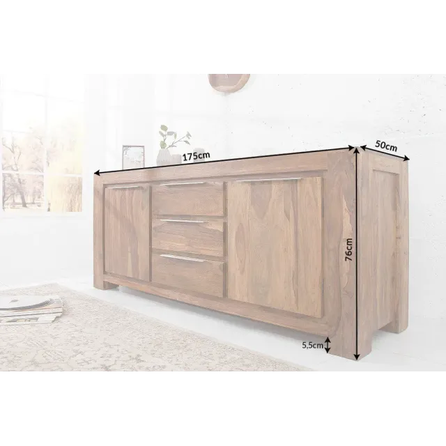 Buffet bas en Bois de Sheesham Massif - Enfilade 2 Portes & 3 Tiroirs
