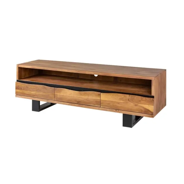 Meuble TV en bois massif d’acacia 160 cm – Design miel et noir avec rangements élégants