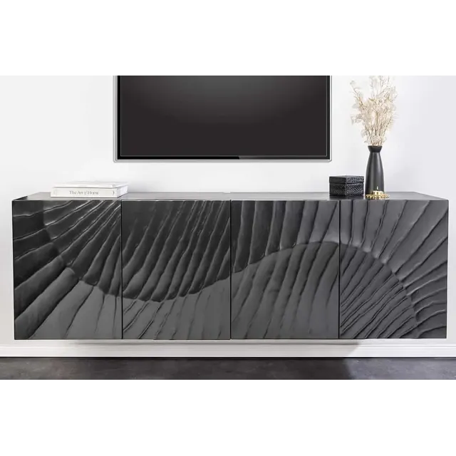 Buffet suspendu en bois massif de manguier noir 177 cm – Design artisanal sculpté à la main, grand espace de rangement