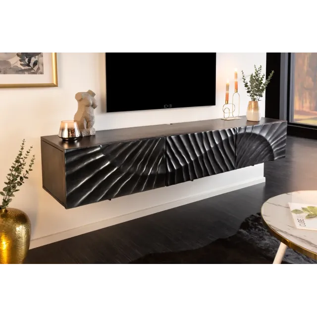 Meuble TV suspendu SCORPION 160 cm – Bois massif de manguier noir sculpté à la main, design moderne