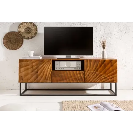 Meuble tv SCORPION 160 cm – Bois de manguier sculpté 3D, piètement noir