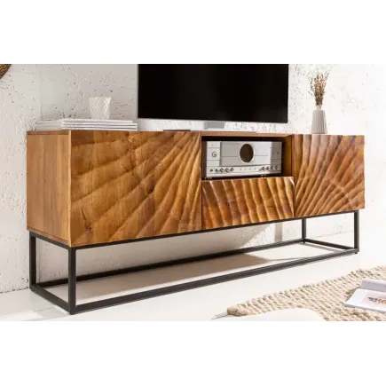 Meuble tv SCORPION 160 cm – Bois de manguier sculpté 3D, piètement noir 2