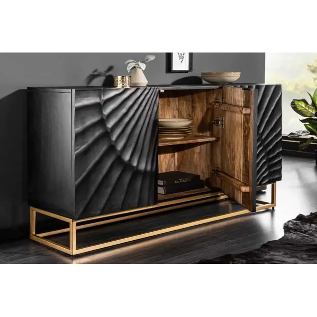 Buffet SCORPION 140 cm – Bois massif de manguier noir, sculpté à la main, piètement doré