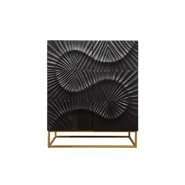Buffet haut SCORPION 120 cm – Bois massif de manguier noir sculpté à la main, piètement doré