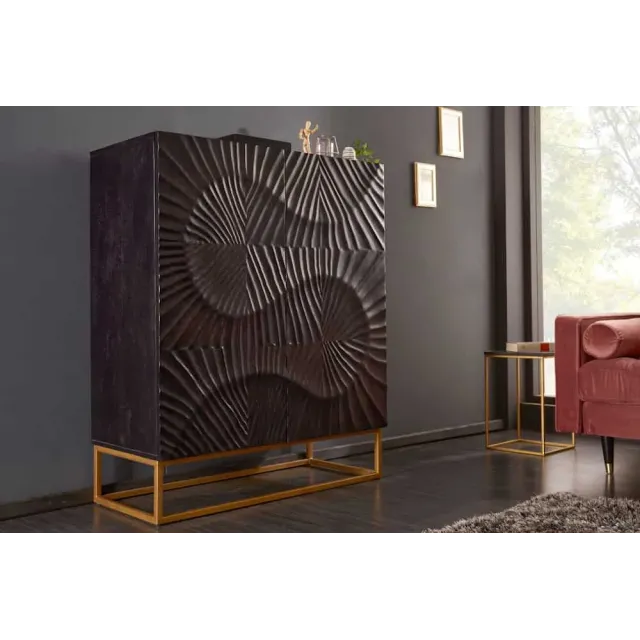 Buffet haut SCORPION 120 cm – Bois massif de manguier noir sculpté à la main, piètement doré
