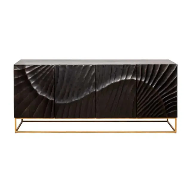 Buffet SCORPION 177 cm – Bois massif de manguier noir sculpté à la main, piètement doré