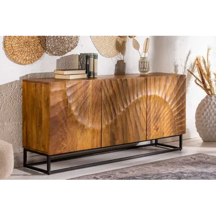 Buffet SCORPION 140 cm – Bois massif de manguier brun sculpté à la main, piètement noir 2
