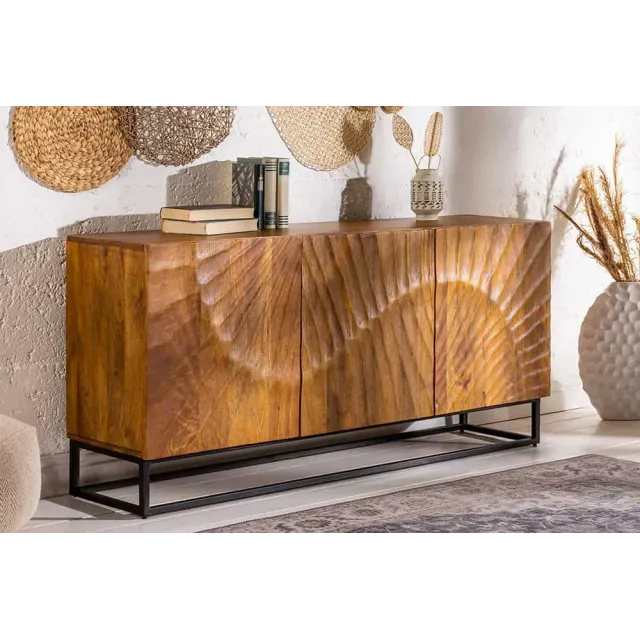 Buffet SCORPION 140 cm – Bois massif de manguier brun sculpté à la main, piètement noir