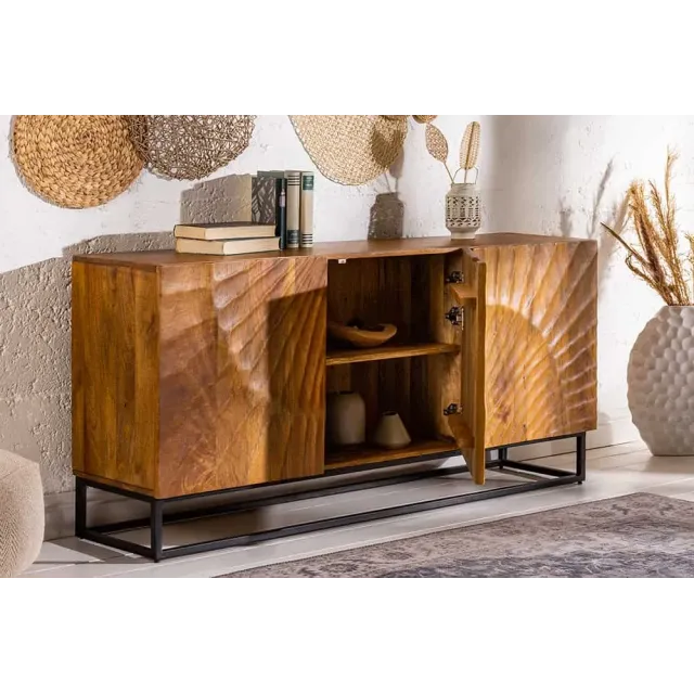 Buffet SCORPION 140 cm – Bois massif de manguier brun sculpté à la main, piètement noir
