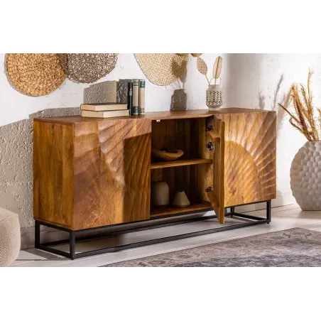 Buffet SCORPION 140 cm – Bois massif de manguier brun sculpté à la main, piètement noir