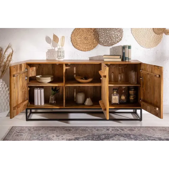Buffet SCORPION 140 cm – Bois massif de manguier brun sculpté à la main, piètement noir