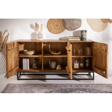 Buffet SCORPION 140 cm – Bois massif de manguier brun sculpté à la main, piètement noir