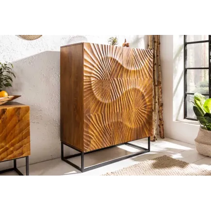Buffet haut SCORPION 120 cm – Bois massif de manguier brun sculpté à la main, piètement noir