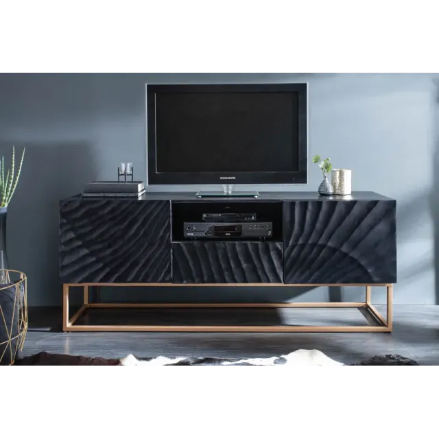 Meuble TV SCORPION 160 cm – Bois massif de manguier noir sculpté à la main, piètement doré