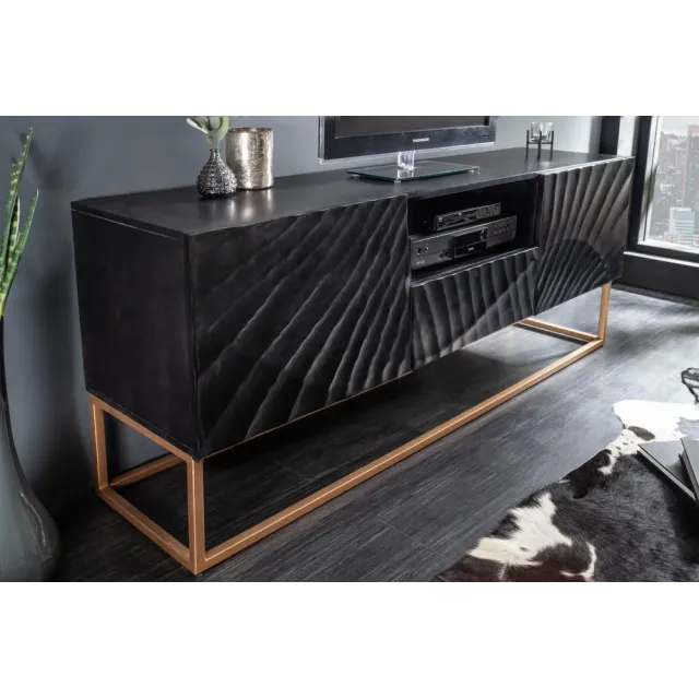 Meuble TV SCORPION 160 cm – Bois massif de manguier noir sculpté à la main, piètement doré