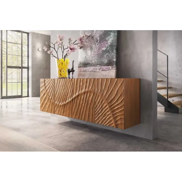 Buffet mural SCORPION 180 cm – Bois massif de manguier brun, façade 3D sculptée à la main