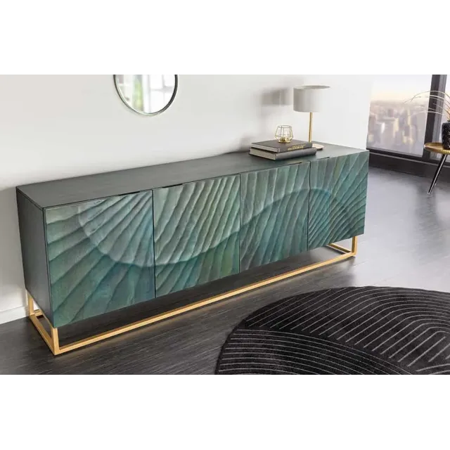 Buffet SCORPION 180 cm – Bois massif de manguier turquoise, détails dorés et façade 3D sculptée