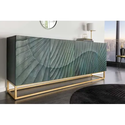 Buffet SCORPION 180 cm – Bois massif de manguier turquoise, détails dorés et façade 3D sculptée