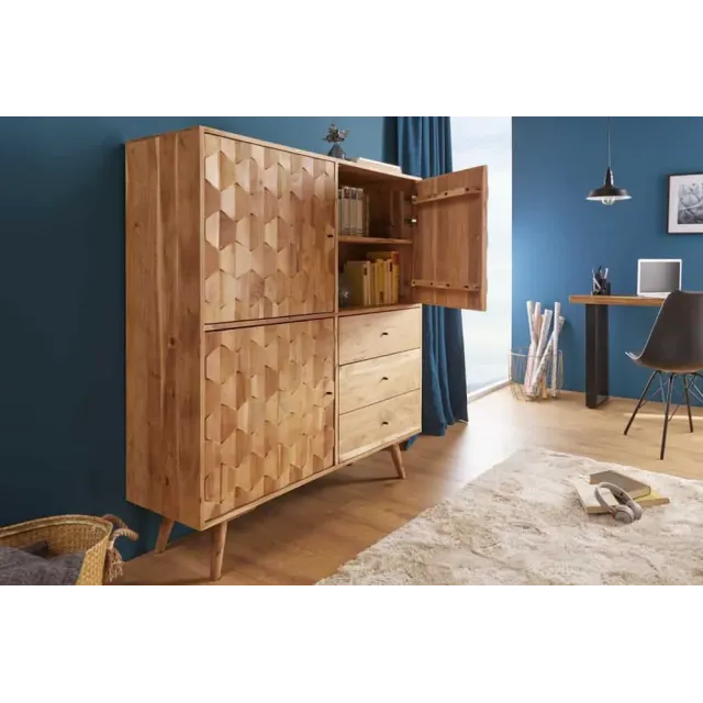 Highboard en bois massif d’acacia MYSTIC salon – 140 cm, finition naturelle avec 3D surface artisanale
