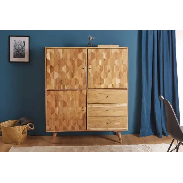 Highboard en bois massif d’acacia MYSTIC salon – 140 cm, finition naturelle avec 3D surface artisanale
