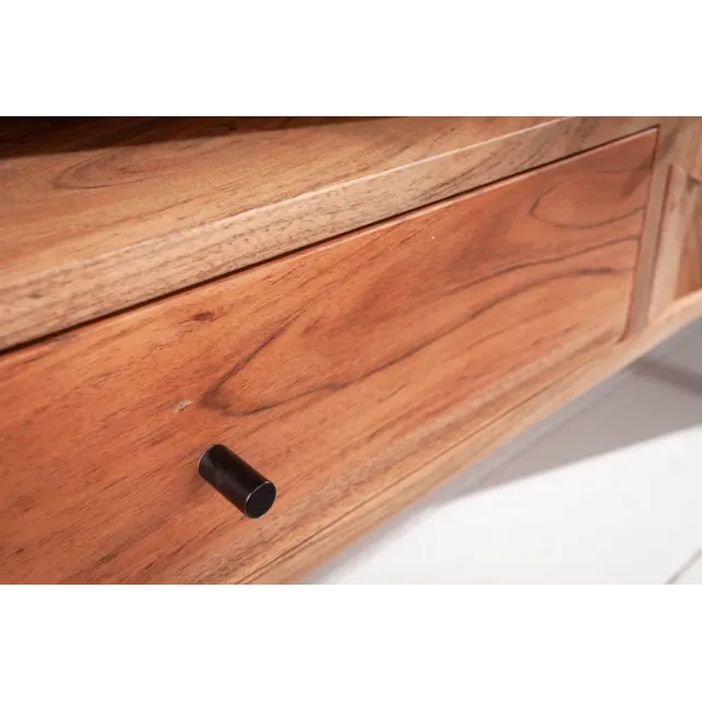 Meuble TV en bois massif d’acacia MYSTIC salon – 140 cm, finition naturelle avec surface 3D artisanale