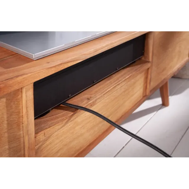 Meuble TV en bois massif d’acacia MYSTIC salon – 140 cm, finition naturelle avec surface 3D artisanale
