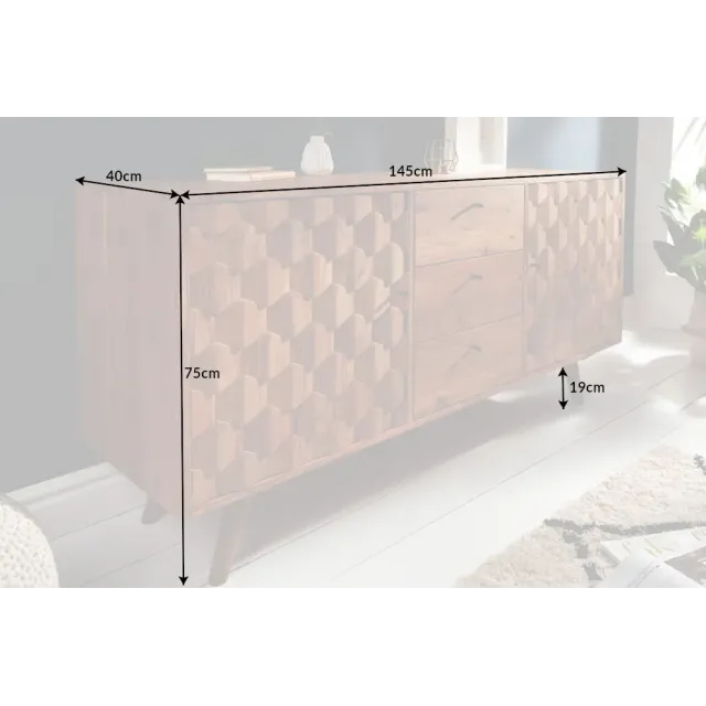 Sideboard en bois massif d’acacia MYSTIC salon – 145 cm, finition naturelle avec design 3D et rangements spacieux