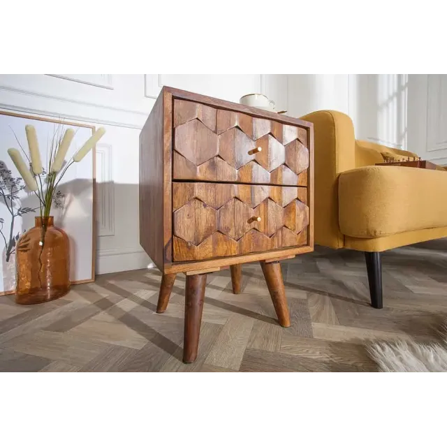 Table d’appoint / chevet en bois massif Sheesham MYSTIC LIVING – 60 cm, finition stone avec surface 3D artisanale