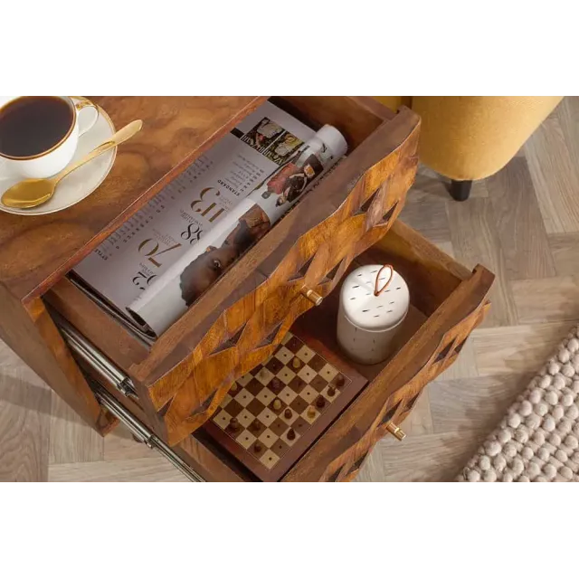 Table d’appoint / chevet en bois massif Sheesham MYSTIC LIVING – 60 cm, finition stone avec surface 3D artisanale