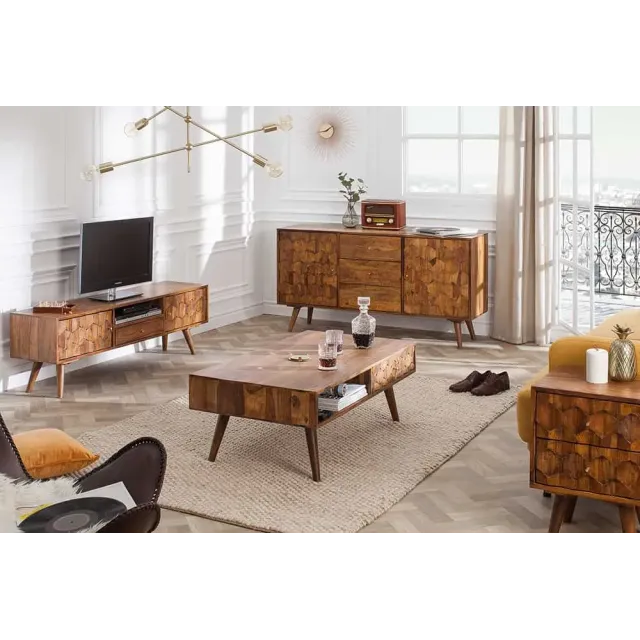 Table d’appoint / chevet en bois massif Sheesham MYSTIC LIVING – 60 cm, finition stone avec surface 3D artisanale