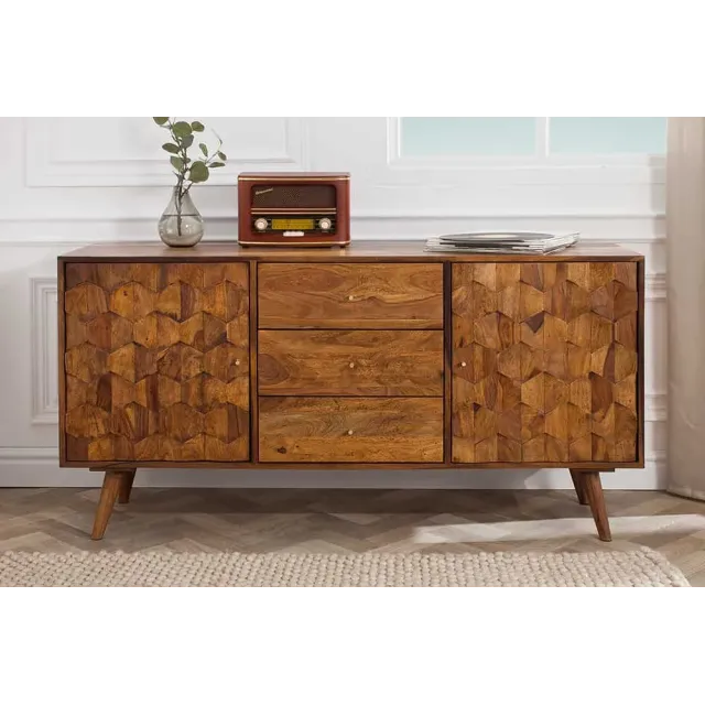 Buffet MYSTIC LIVING 145 cm en bois massif Sheesham – Finition stone avec rangement