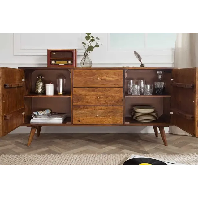 Buffet MYSTIC LIVING 145 cm en bois massif Sheesham – Finition stone avec rangement